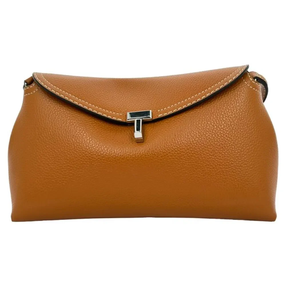 Totême T-Lock Grained-Leather Clutch in Tan Brown Leather